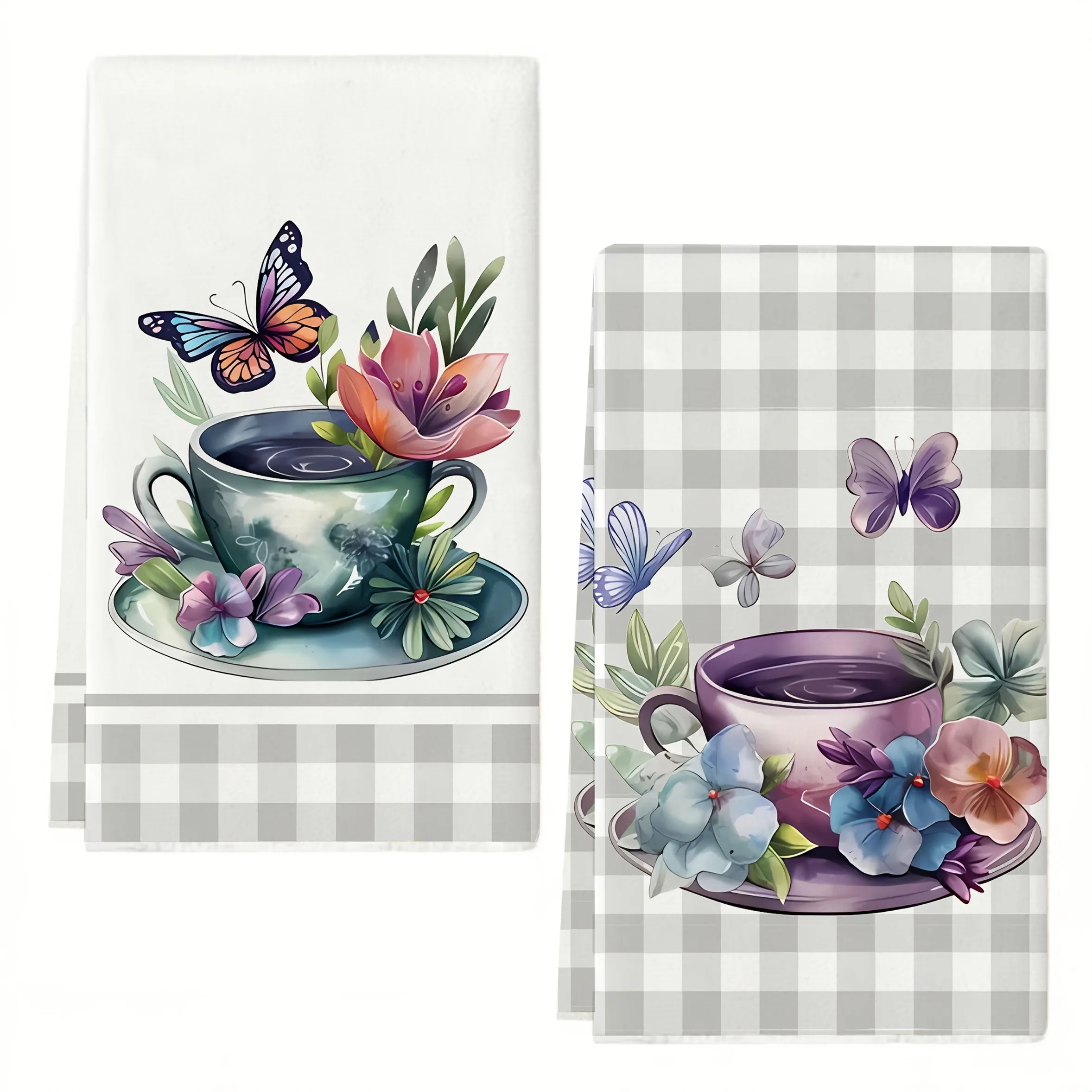 Aquarell-Teetassen-Schmetterlings-Küchentuch, 2D-Einzeldruck, elegantes, stilvolles, langlebiges Handtuch für Zuhause, Küche, Esszimmer, Tee-Dekor