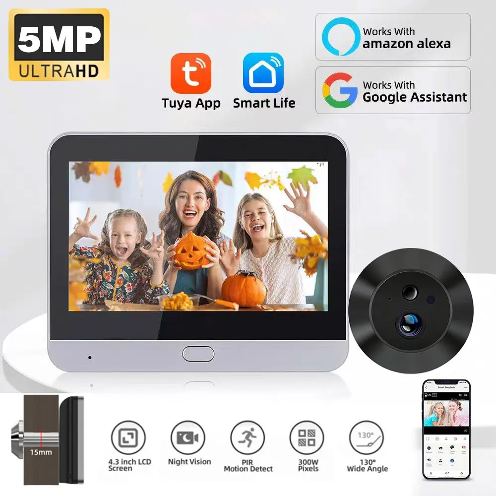 WiFi 2.4Ghz 5MP Tuya Smart Life APP Digital Magic Eye Door Viewer Battery Powered Peephole Camera With 4.3inch Screen Monitor