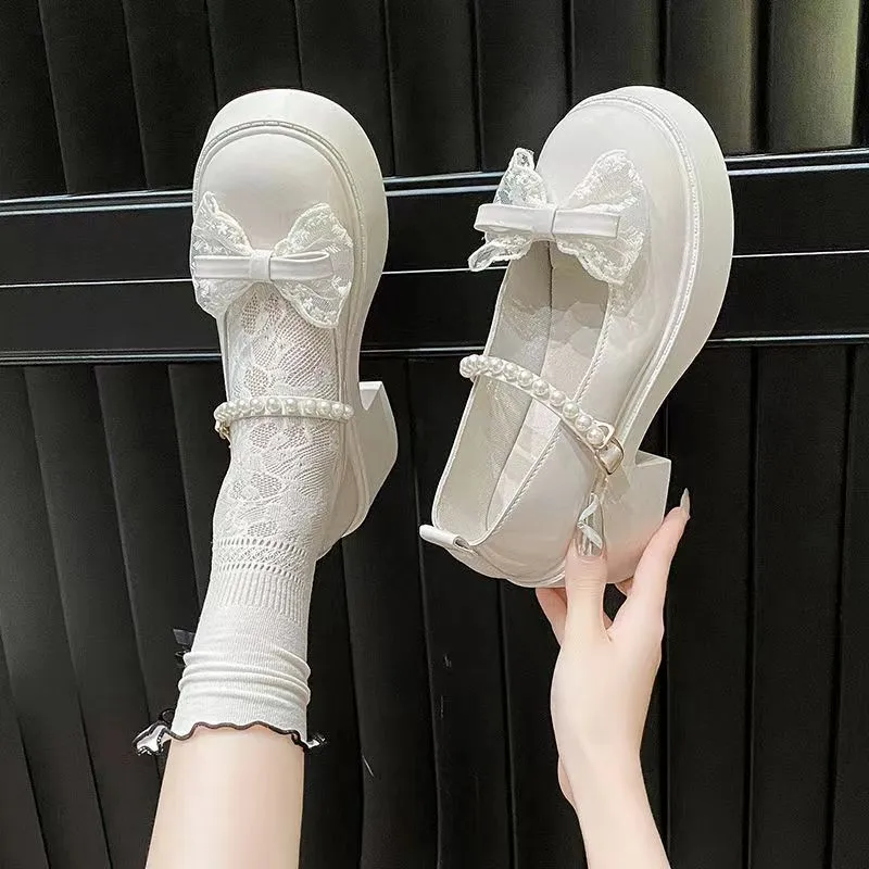 French Mary Jane Shoes for Girls Spring and Autumn New White Pearl Bow Girl Single Shoes Thick Heel Fairy Style Loafers Shoes