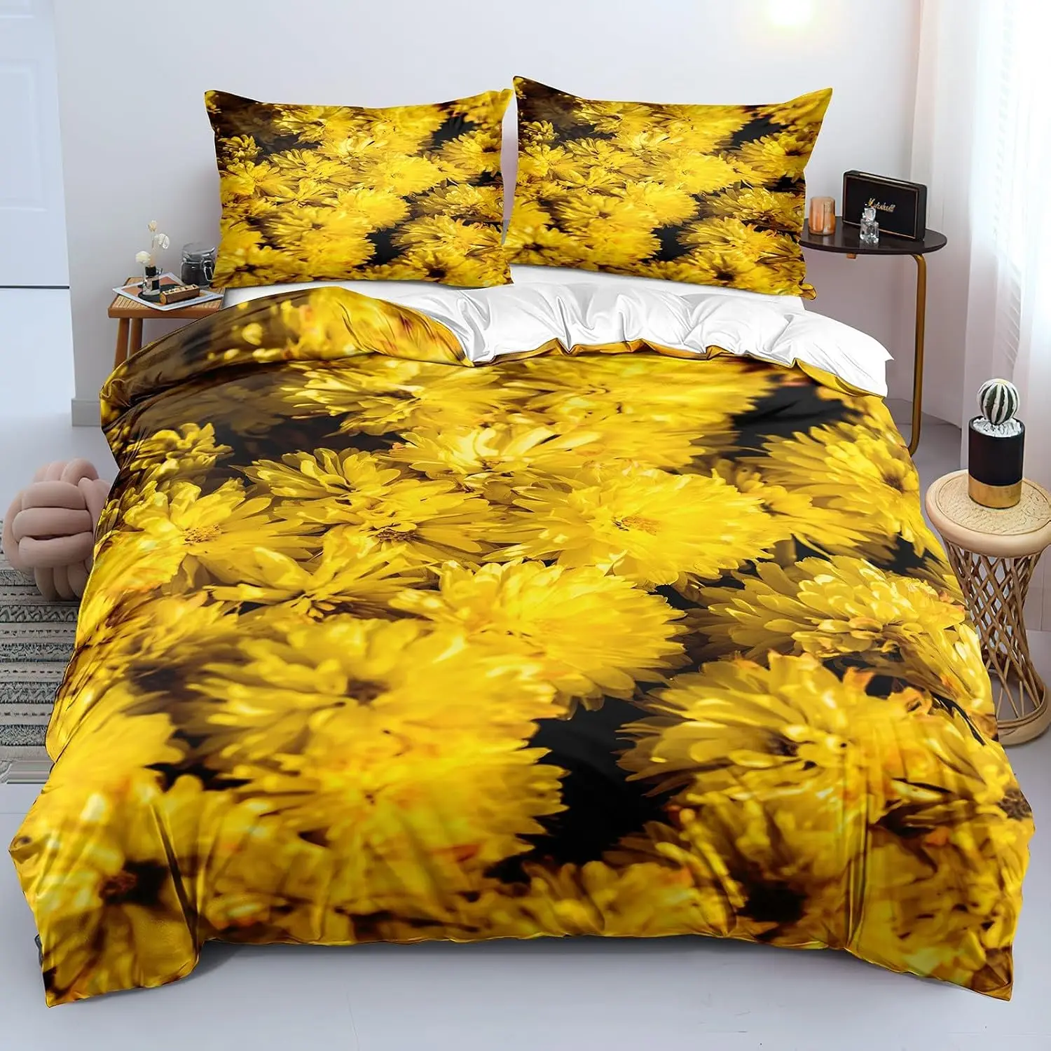 Blooming Chrysanthemum Duvet Cover Queen Blossom Floral Comforter Cover Botanical Bedding Set Rural Pastoral Style Bedroom Decor