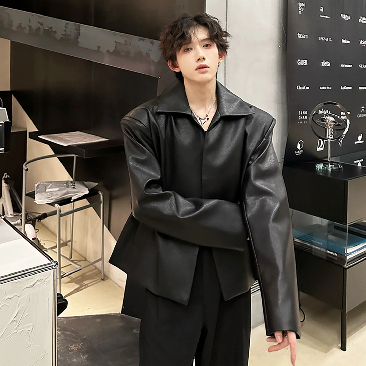 

Bla American Sle Motorcycle Jaet Men's Autumn Faionable Youth Casual Long Sve PU Leather Coat with Collar