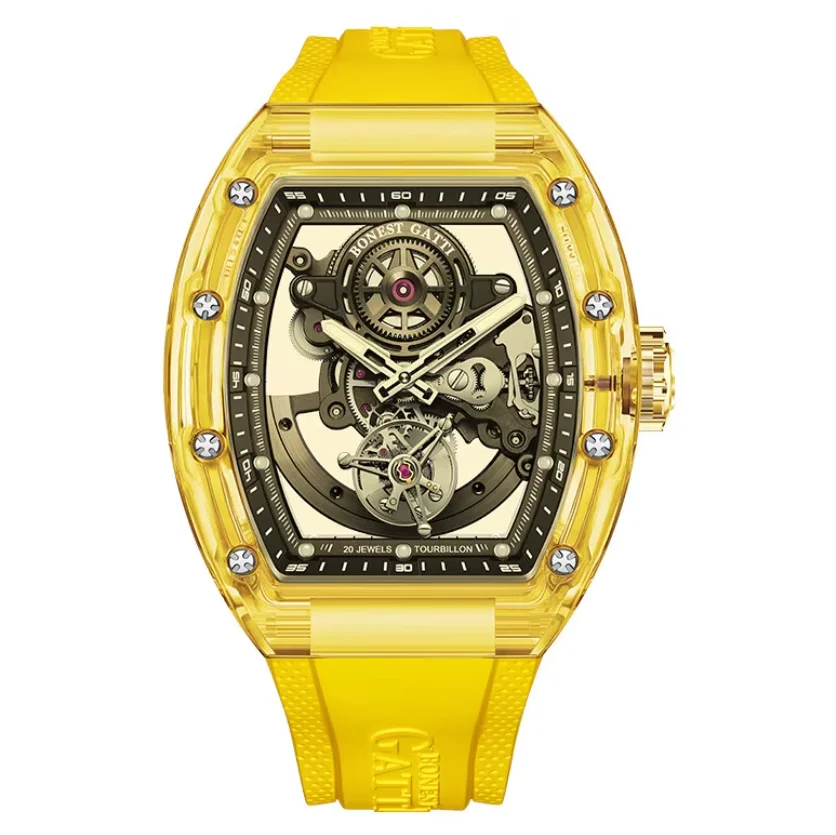 BONEST GATTI Men Automatic Watch 45mm Tourbillon Tonneau Mechanical Wristwatch Acrylic Case Skeleton Dial Luminous