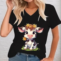 Cartoon Cow Print V-neck T-shirt Female Flowers and Plants Graphic T Shirts Women Cute Cows Lovers Casual Tops Short Sleeve Tee