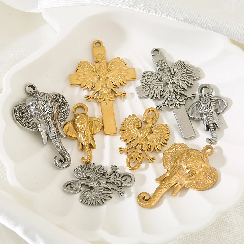 5pcs Stainless Steel Retro Cross Eagle Elephant Head Charms Handmade Pendant for DIY Women Necklace Jewelry Making Supplies