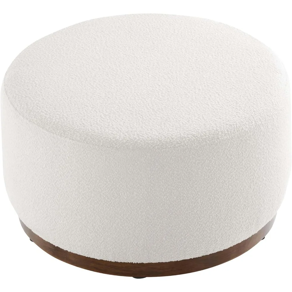 29 Inch Round Boucle Upholstered Ottoman In Cloud Walnut - Round Ottoman Coffee Table For Living Room - Large Otto