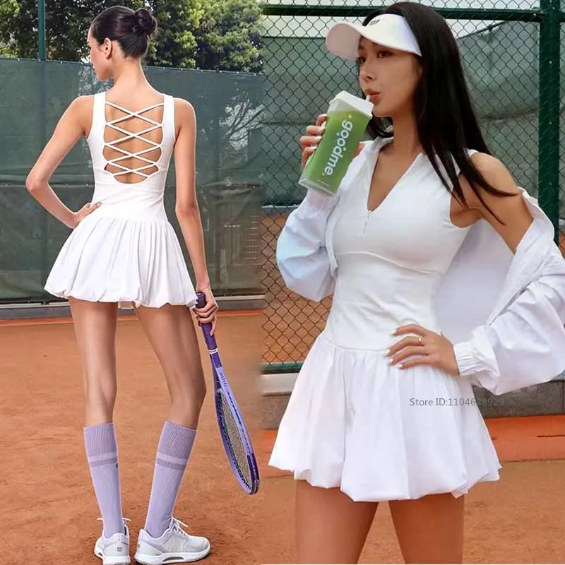 Summer Badminton Tennis Dress with Shorts Women Cross Backless Golf Dress Sleeveless Workout Training Skirts Quick-Dry Outfit
