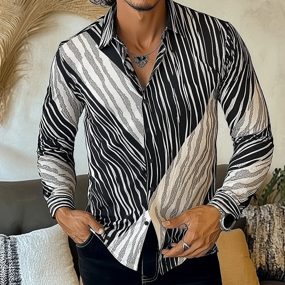 New men's striped wave shirt casual long sleeved fashionable holiday collar 3D printed collar shirt black and white top