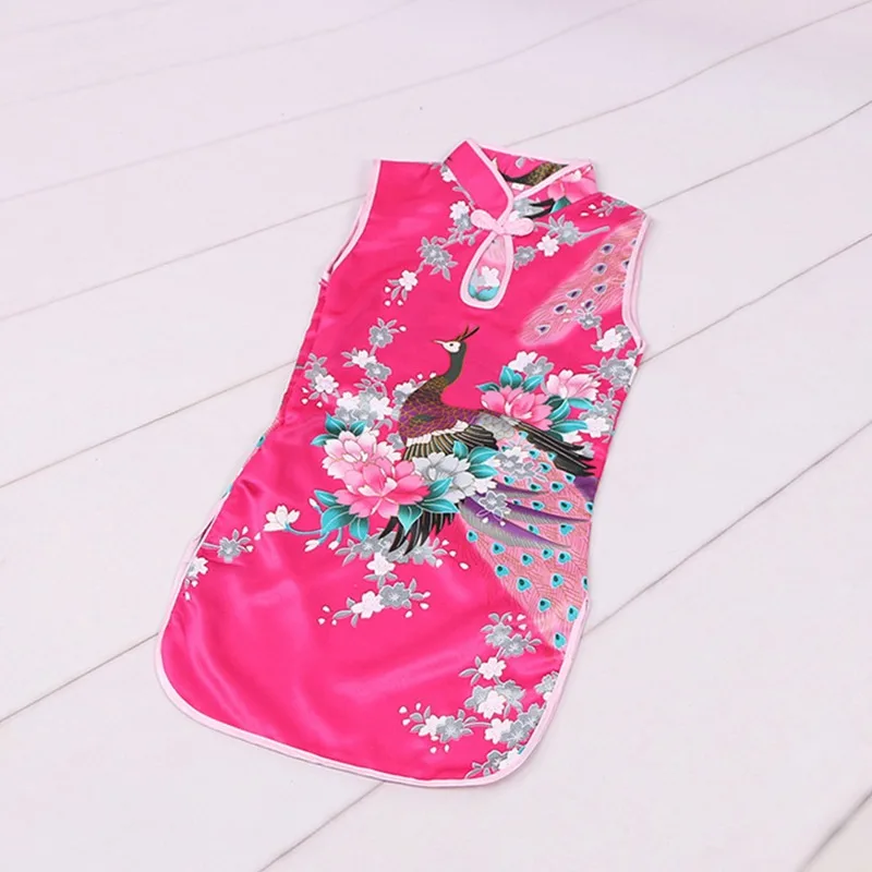 Cheongsam Jurk Baby Meisje Zomer Pauw Mouwloze Slanke Traditionele Jurk Kind Meisjes Kleding Chinese Stijl Jurk NIEUW