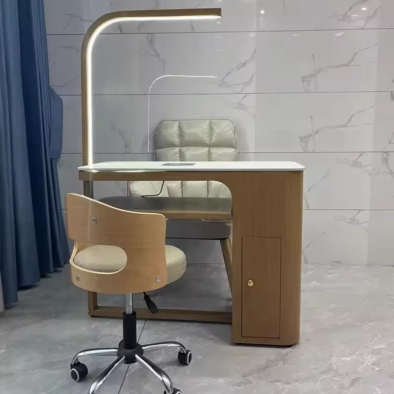 Light  Nordic Style White Marble Top Single Nail Table Modern Solid Wood Led Light Nail Lamp Manicure Table for Sale