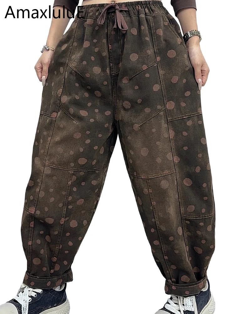 Amax LuluE Autumn Womens Fashion Vintage Dot Denim Pants Loose Printed Jeans Ladies Classic Casual Elastic Waist Harem Trousers
