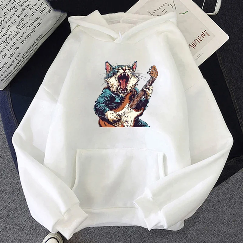 

Cartoon Printed Clothes Men Cat Playing Guitar Printed Hoodies Outdoor Hip Hop Harajuku Vintage Casual Loose Streetwear