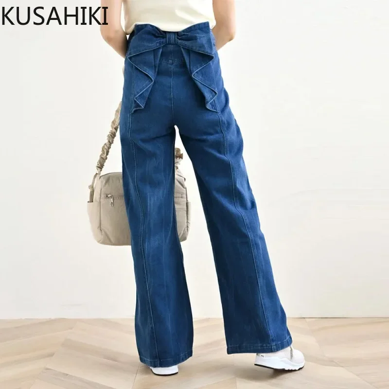 KUSAHIKI Back Bow Design Wide Leg Casual Jeans Versatile for Slimming Women Long Trousers 2024 New Fashion Demin Pants