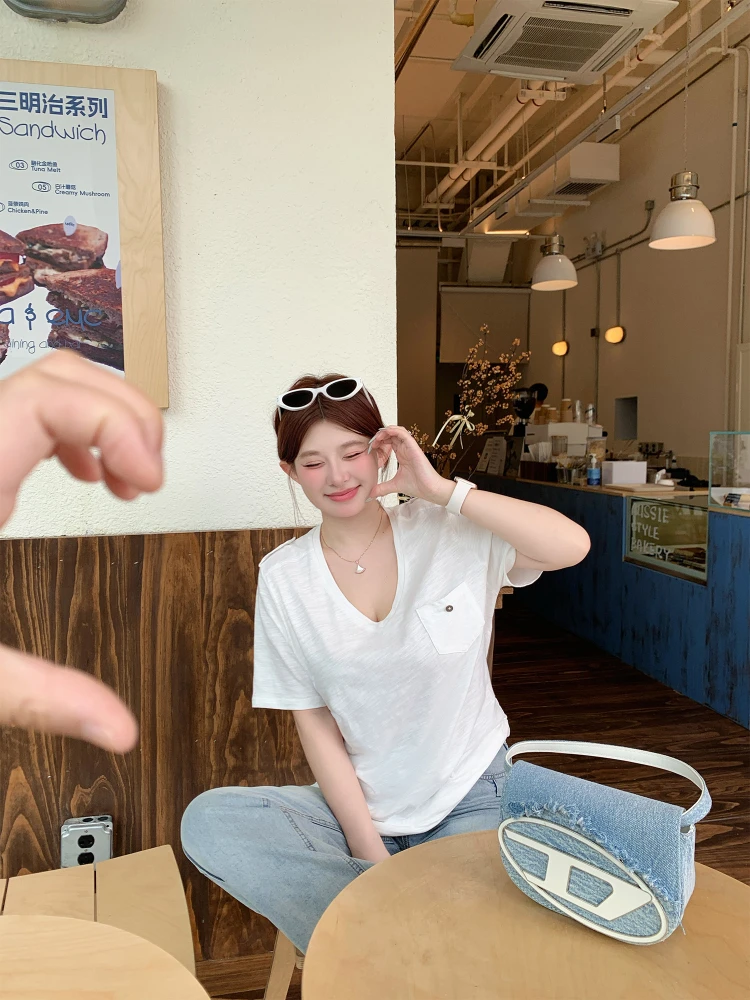 

Легкая женская футболка Week White Son T20 ort Sve, корейский летний повседневный однотонный облегающий топ с U-образным вырезом