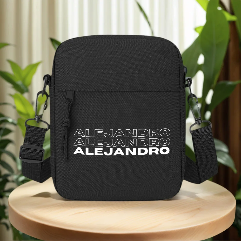 White 'ALEJANDRO' typography on black background. Men Crossbody Bag Single Shoulder Women Cartoon Anime Film Printing Design Uni