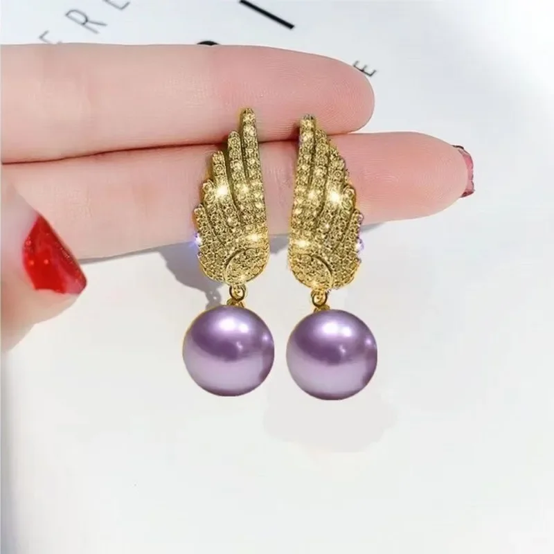 Pair 12-13mm Purple Perfect Round Pearl Unique Stud Earrings for Women Simple Wedding Party Jewelry Accessories Dangle ,hook AAA