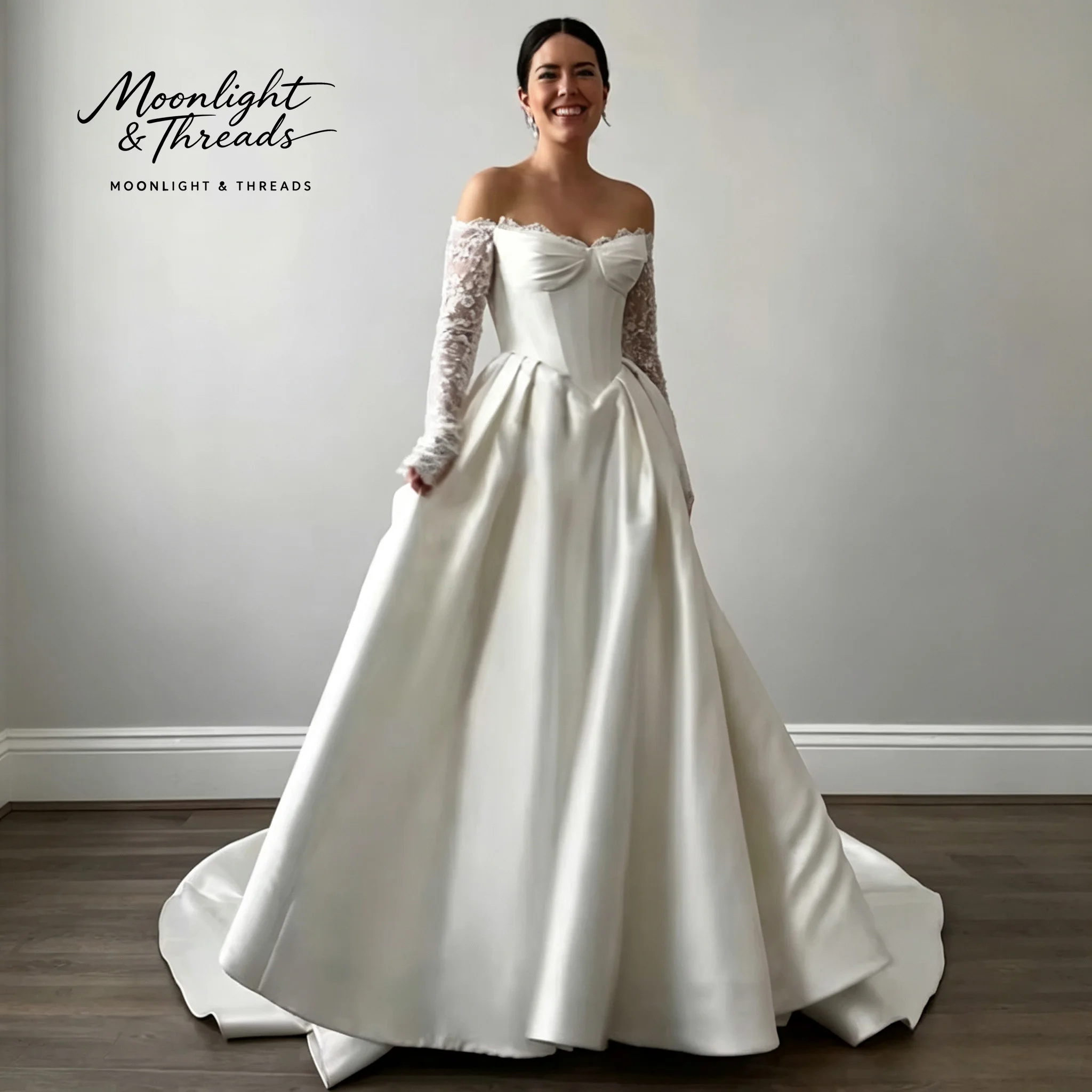 Off‑The‑Shoulder Satin Wedding Dress Detachable Lace Long Sleeve Ball Gown High Slit Chapel Train Bridal Gown 3