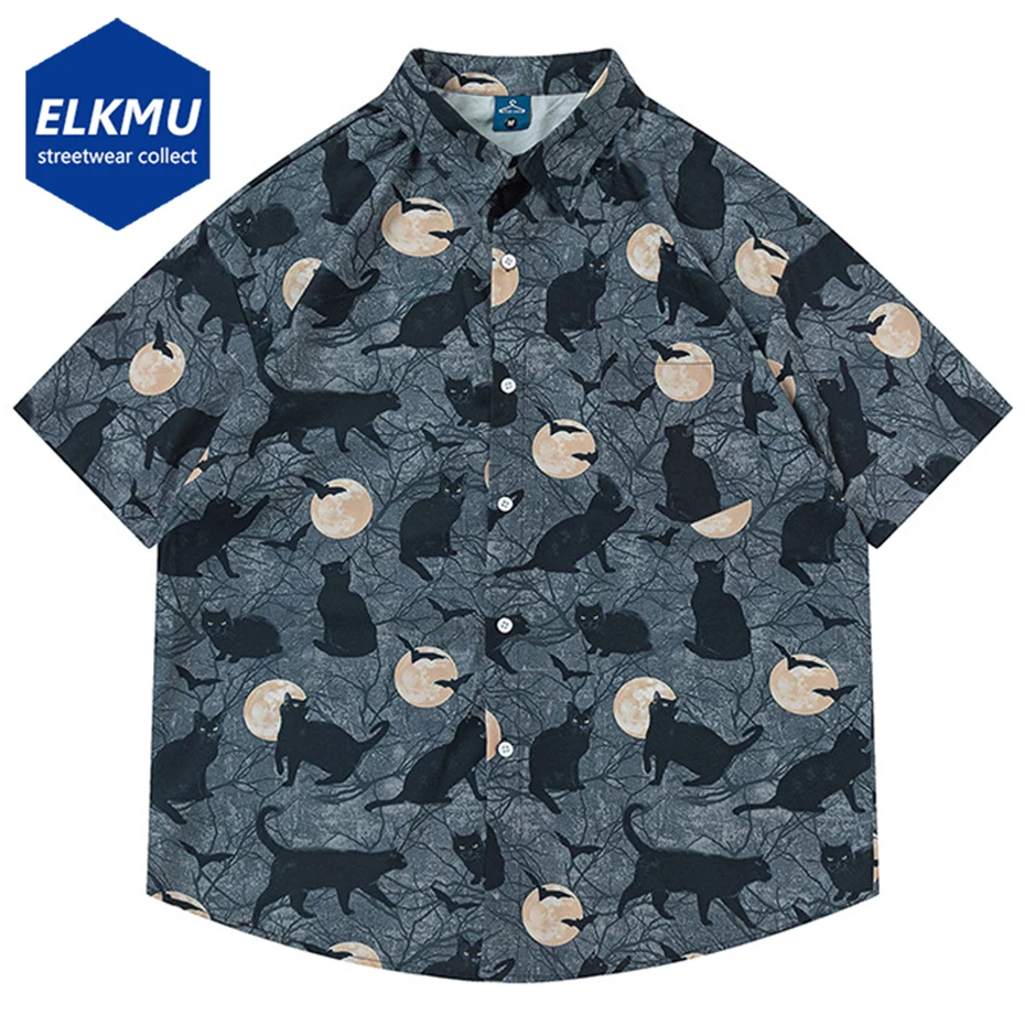 Camisas con estampado de gato y Luna para hombre, blusa holgada de manga corta con botones, de gran tamaño, estilo Harajuku y Hip Hop, para verano,