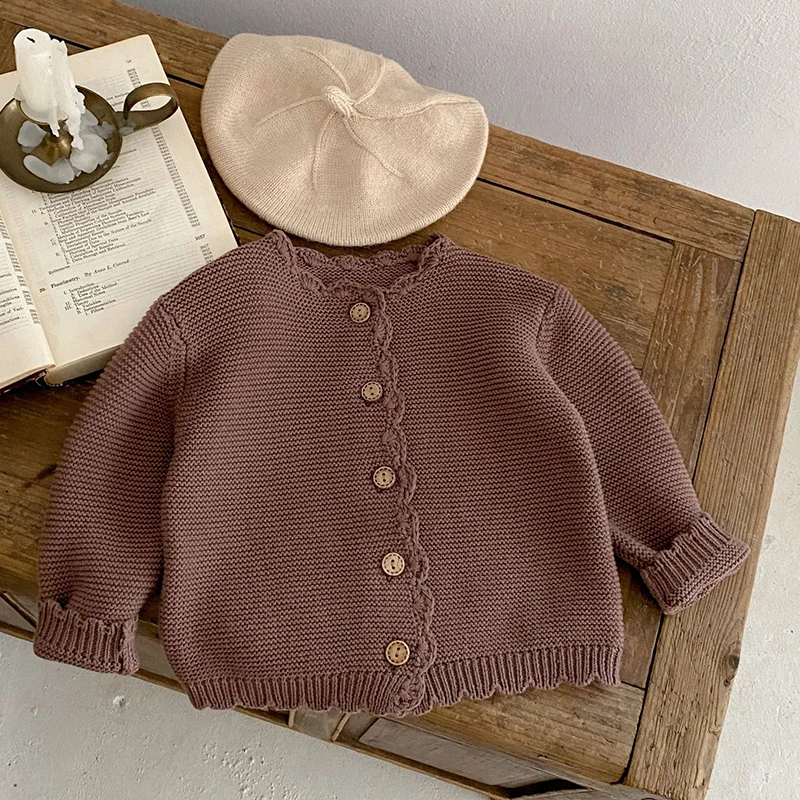 Korean Style Solid Color Long Sleeve Cardigan Coat Infant Baby Girl Knitting Cardigan Sweater Autumn Spring Children Clothes