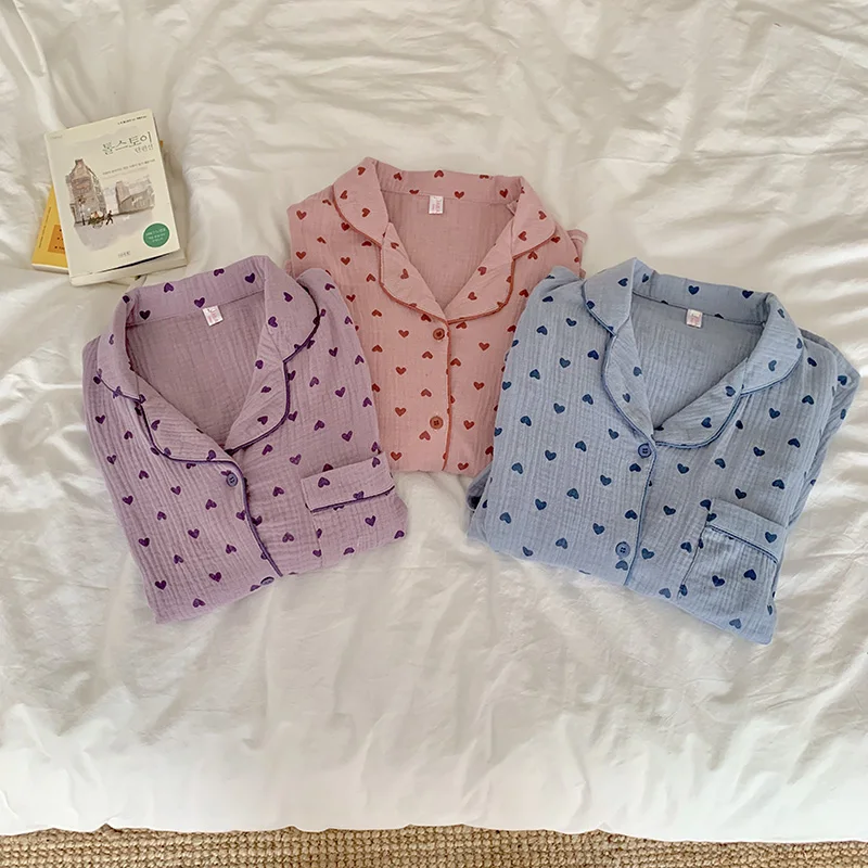 Autumn Pajamas Set 100% Cotton Heart Print Single Breasted Shirts + Trousers Suit Sweet Kawaii Sleepwear Loose Homewear Vintage