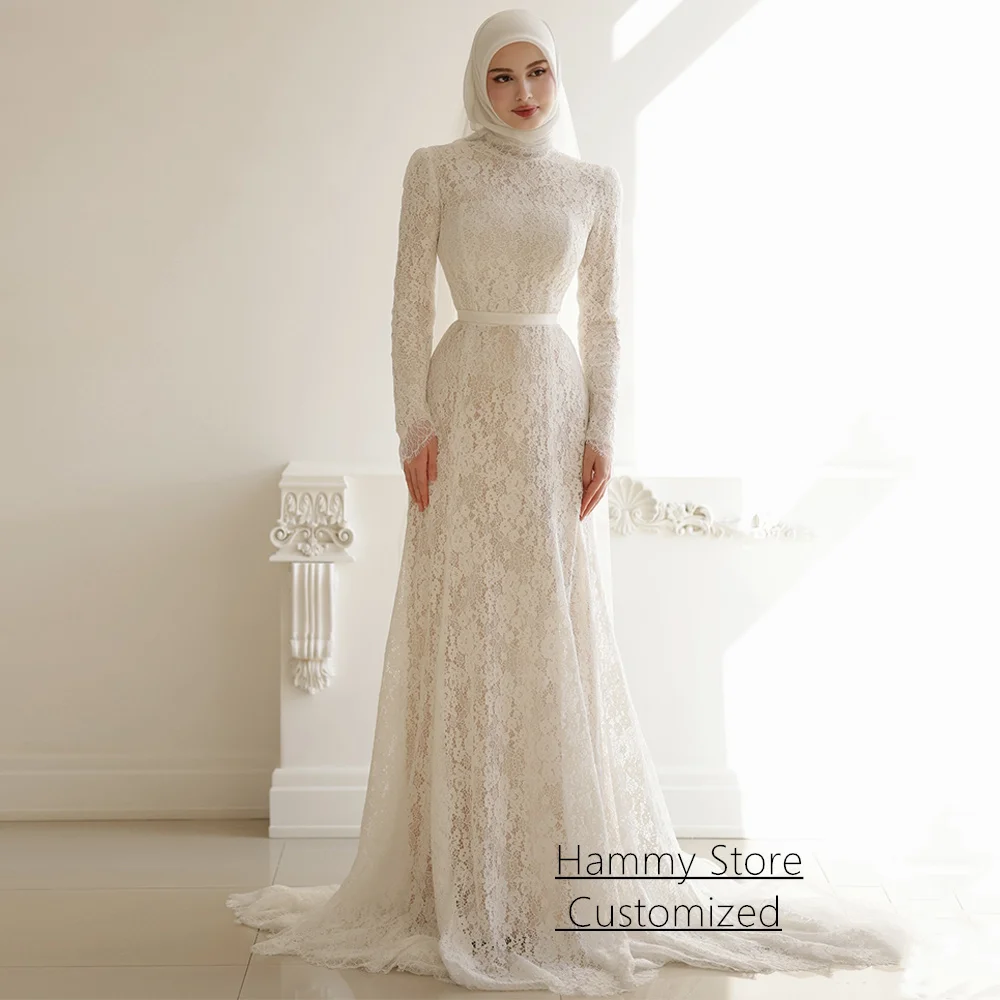 Saudi Arab Wedding Dress Customized High Neck Long Sleeves Sweep Train Lace Arabian Bridal Gown New Arrival Bride Dresses