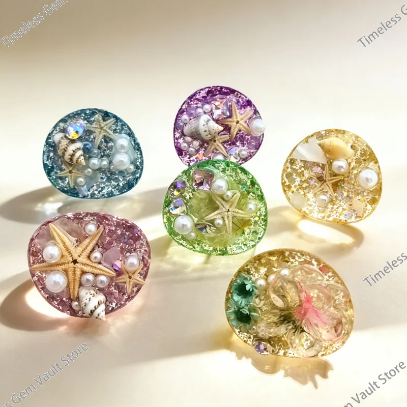 Trendiger Ozeanwind Edelstahlring mit rosa Acrylband, Muschel- und Seestern-Dekor – Sommerlicher Strand-Stil, hochwertiger Modeschmuck