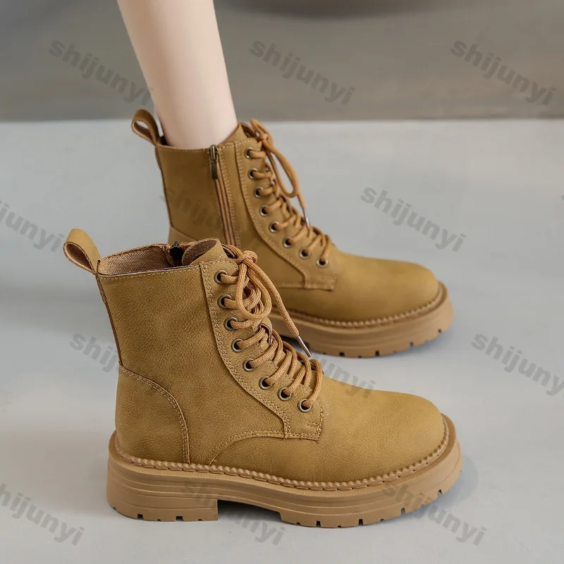 Women Brown Platform Combat Boots Autumn Winter Lace Up Zipper Ankle Boots Woman Thick Sole Faux Suede Motorcycle Botas Mujer