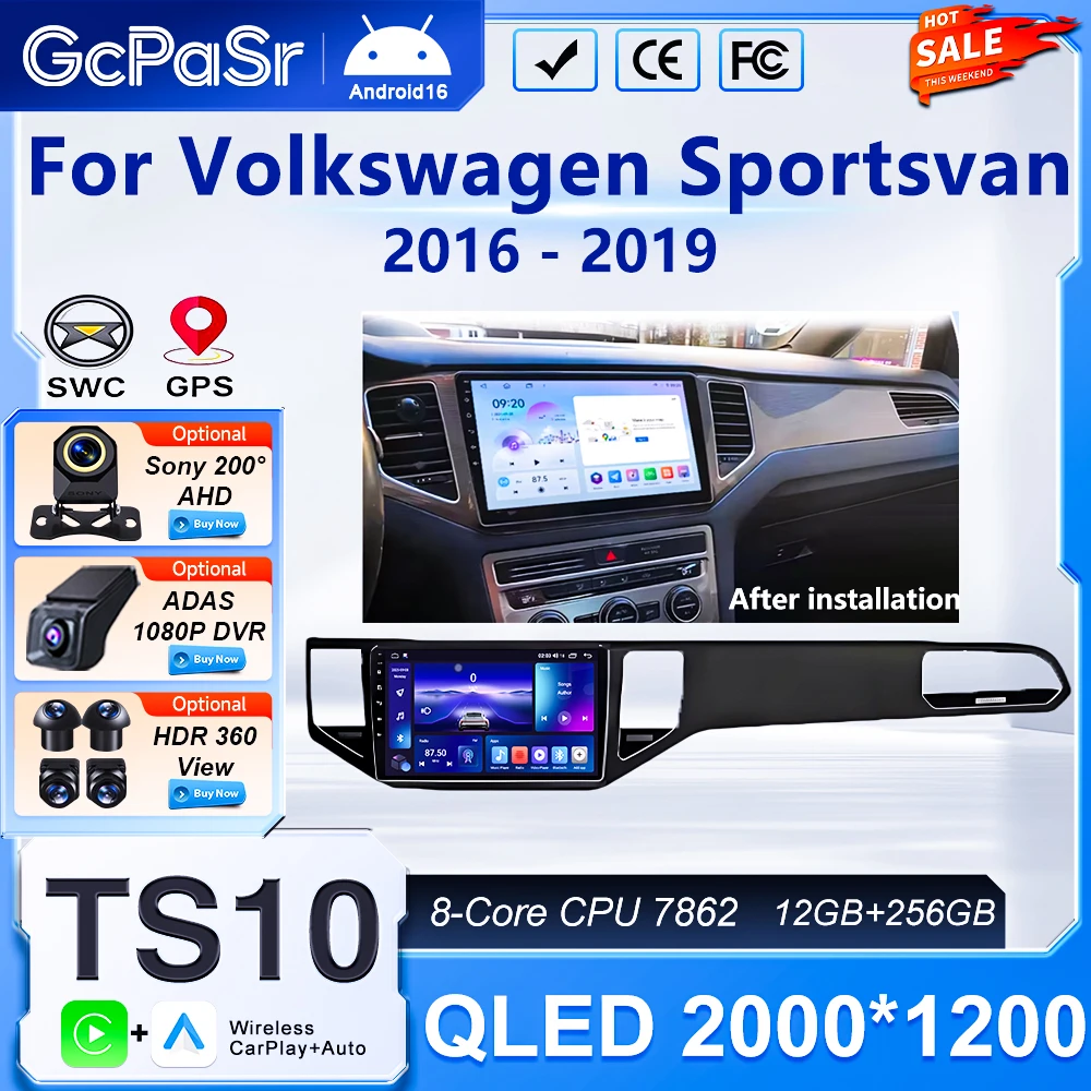 Car Rideo Android 16 für VW Sportsvan 2016+ Multimedia-Navigation GPS Kabelloses Carplay Auto-Videoplayer 2Din DVD-Hauptgerät CPU