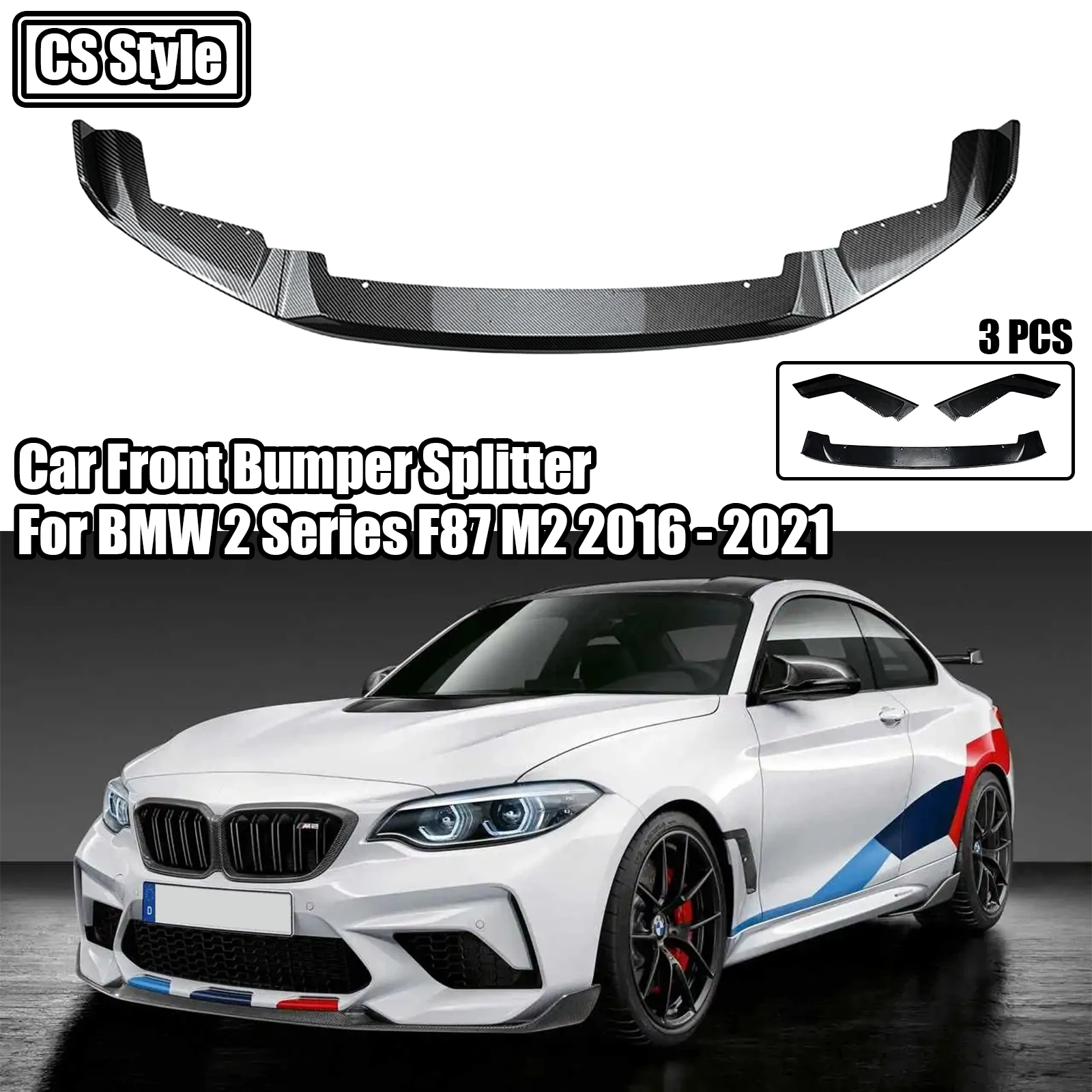 Car Front Bumper Spoiler For BMW F87 M2 2016-2021 Lip Splitter Trim CS Style Exterior Accessores Glossy Black Carbon Fiber Style