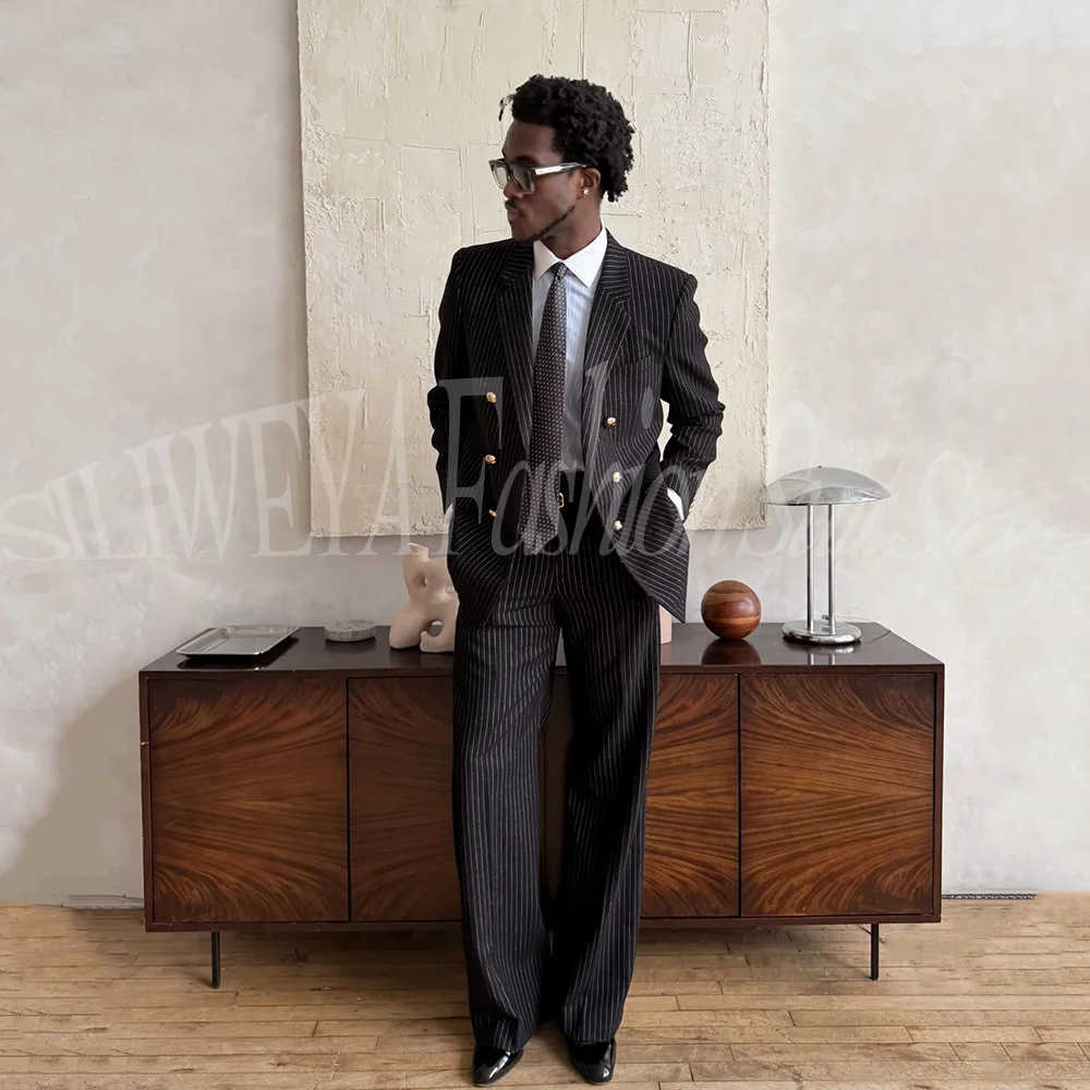 

Fashion Black Pinstripe Suits for Men Double Breasted 2 Pieces Jacket Pants Blazers Sets Business Casual Male Fashion Trousers