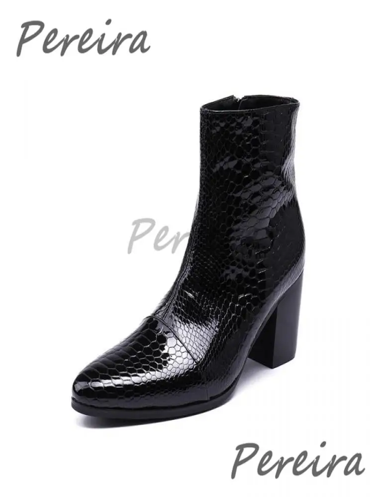 Herren 8CM High Heels Kurze Stiefel Multi Color Schlangenmuster Seitlicher Reißverschluss Chelsea Stiefel Lackleder Business Kleid Schuhe