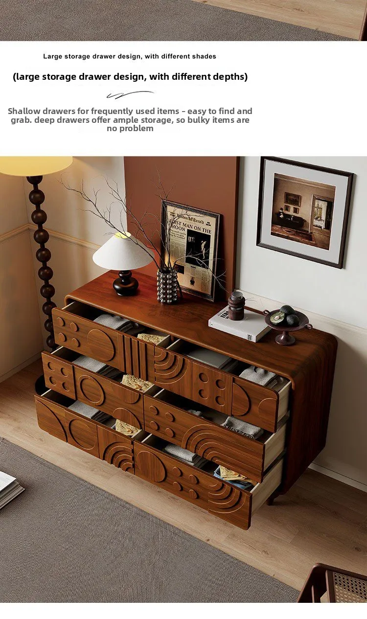 Hand carved 6 drawer high cabinet geometric pattern solid wood drawer cabinet for bedroom and living room