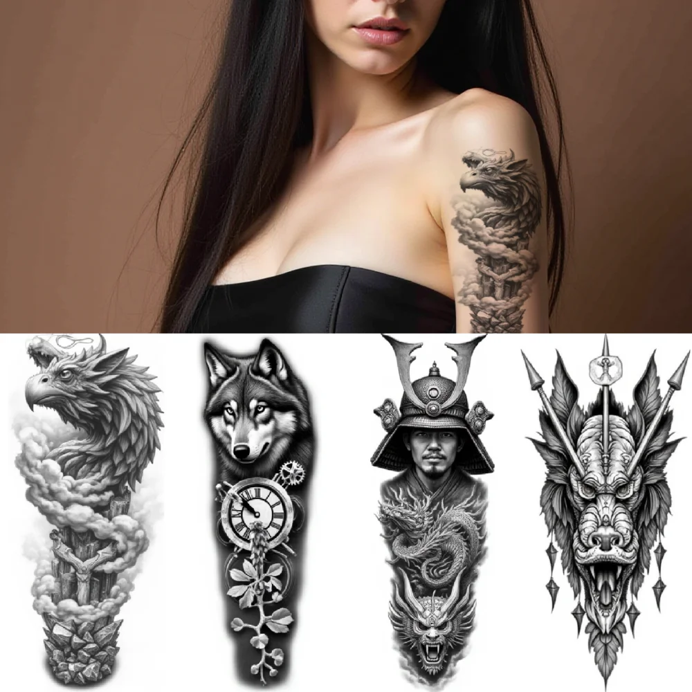 

Временная татуировка с крылатой совой, водонепроницаемые долговечные наклейки для тела, сова и часы, акула и компас для мужчин, взрослых, рука