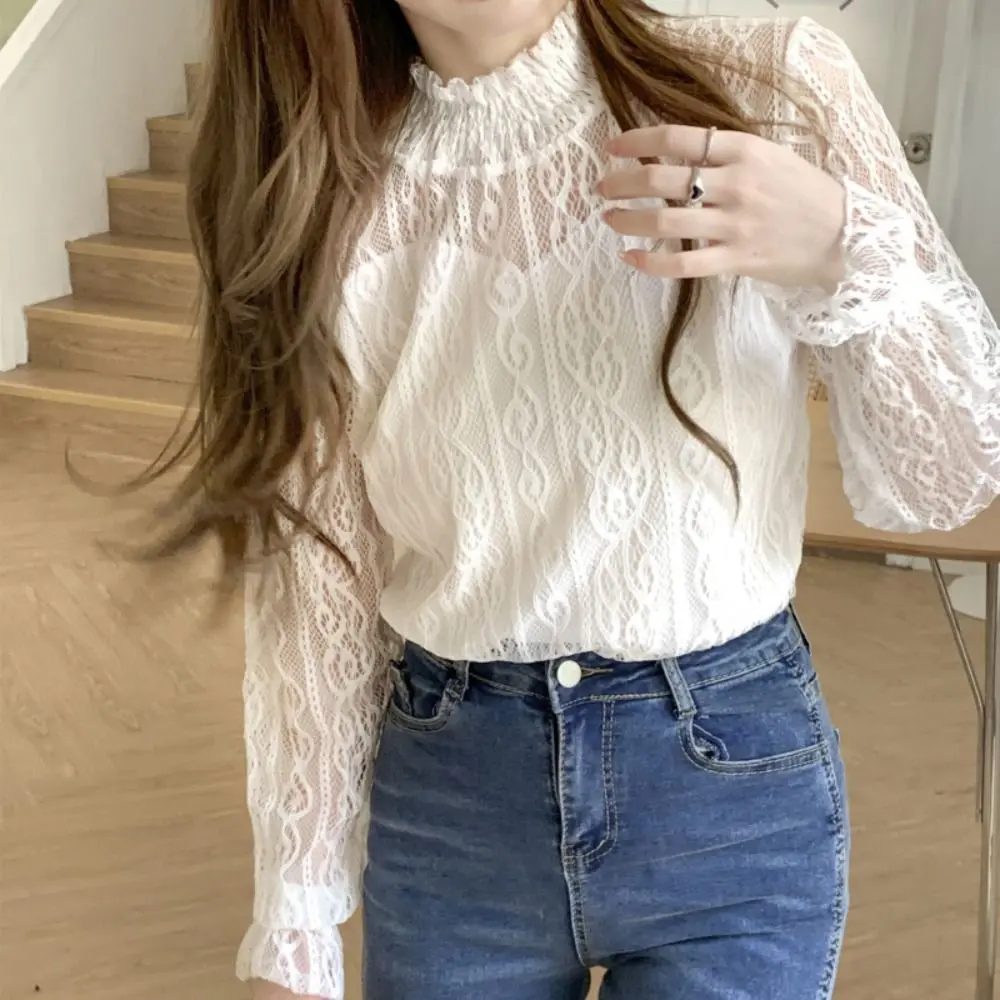 Pullover Lace Flower Top Women Half High Collar Blouse Transparent Long Sleeved Top See Through Beach Shirts