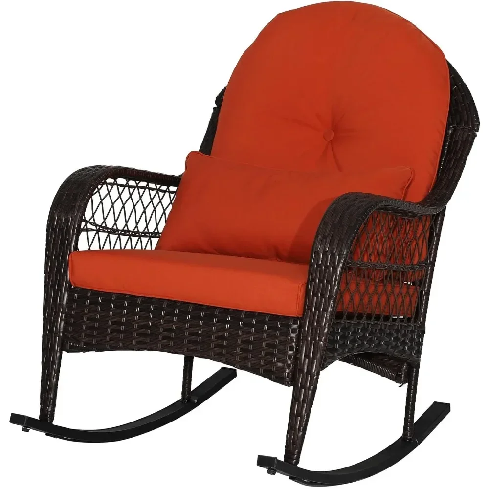 Outdoor Wicker Rocking Chair, Patio Rattan Rocker w/Lumbar Pillow, Padded Seat & Back Cushions, Metal Frame, Outdoor Chair