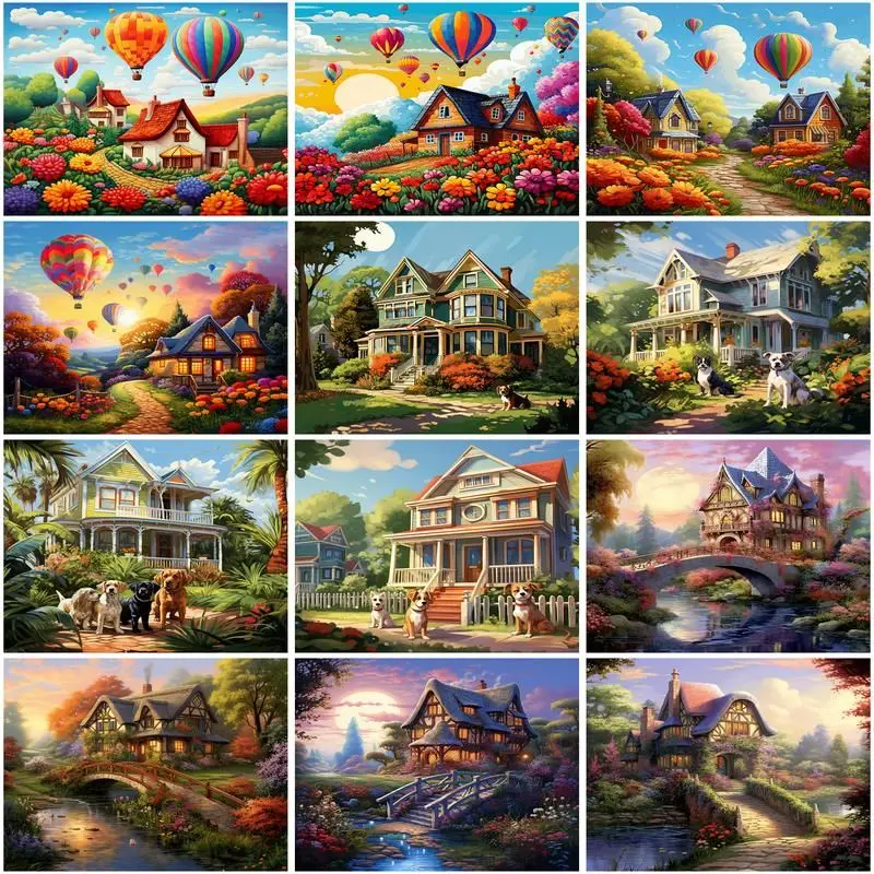 

CHENISTORY Coloring By Number House Tree Kits For Adults Handpainted DIY Frame Oil Painting By Number Landscape Home Decoration