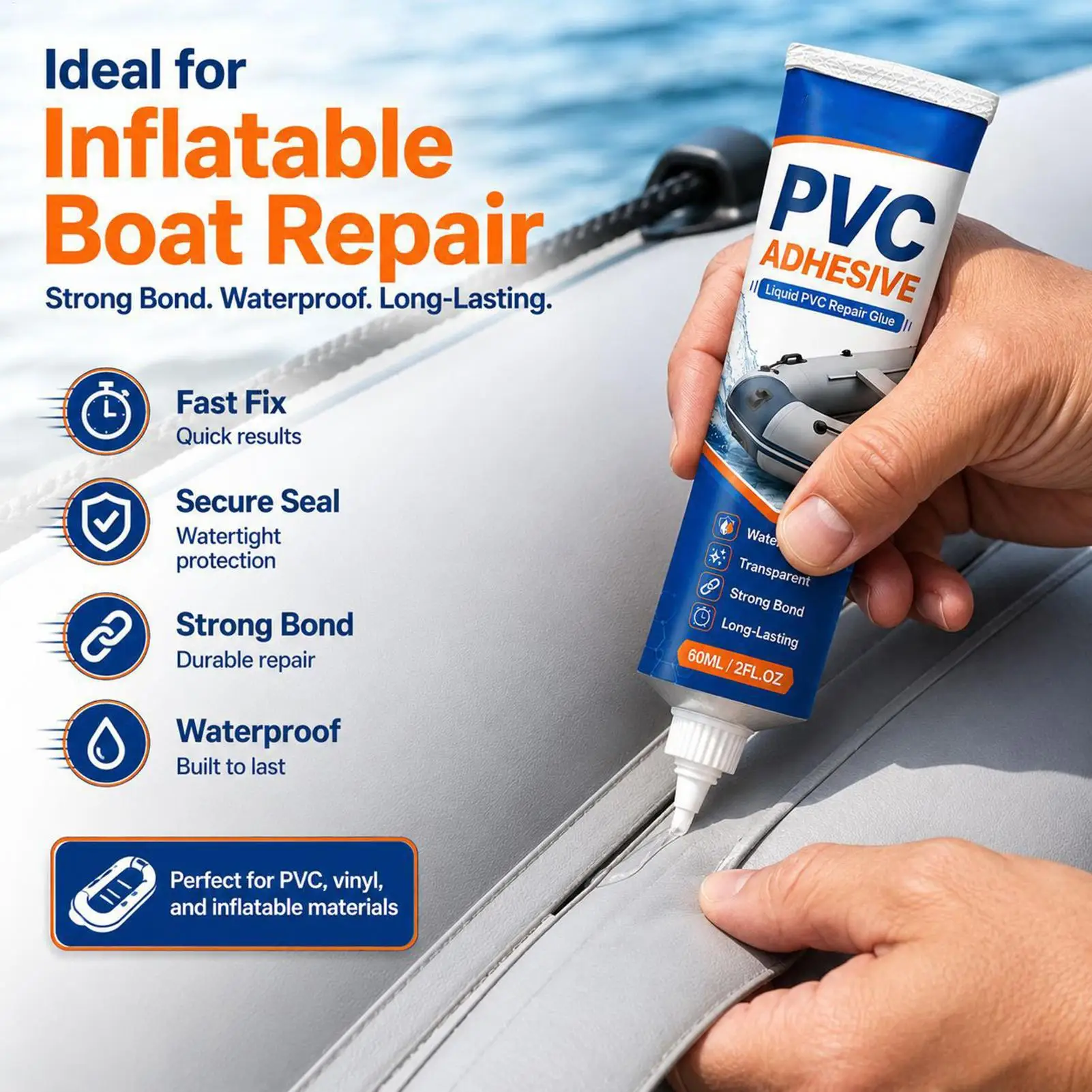 60ml PVC Repair Glue, Waterproof Strong Adhesive for Inflatable Boats Kayaks, Flexible Clear Vinyl Repair for Rafts Airbeds