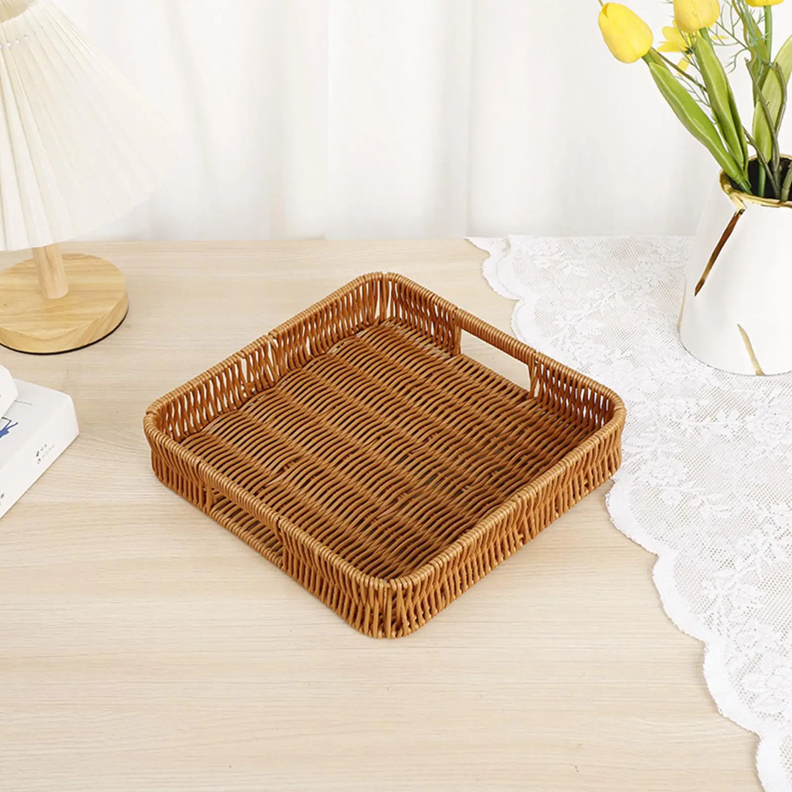 Decorative Woven Basket Tray with Handles Square Rattan Style Serving Platter for Snacks Breakfast Drinks Home Kitchen