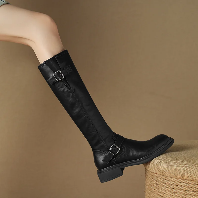 

【2025 AW】Retro Cowhide Boots Women Straight-Cut Slim Fit Round Toe Mid Heel Buckle Strap Side Zipper Knee High Boots Classic