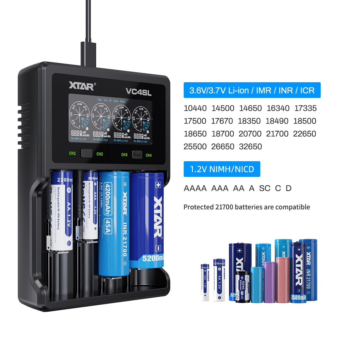 XTAR Universal 18650 Battery Charger VC4SL QC3.0 Fast Charge Type C USB For AAA AA Rechargeable Lithium 21700 26650