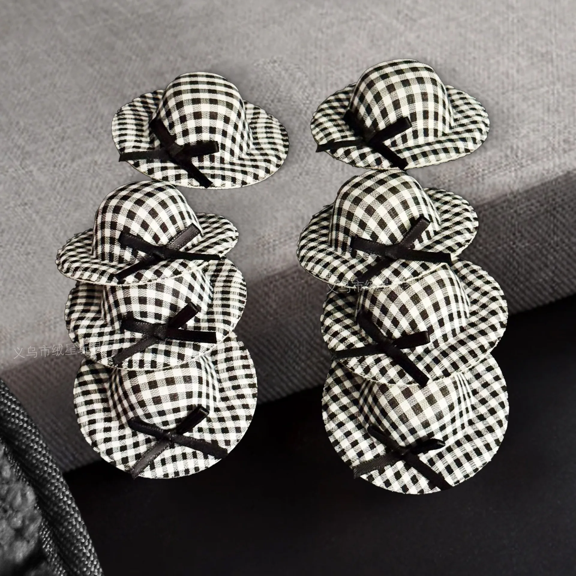 Black White Plaid Doll Hat With Black Bow Decor Wide Brim Checkered Doll Cap Handmade Doll Accessories For Toy Doll Dress Up