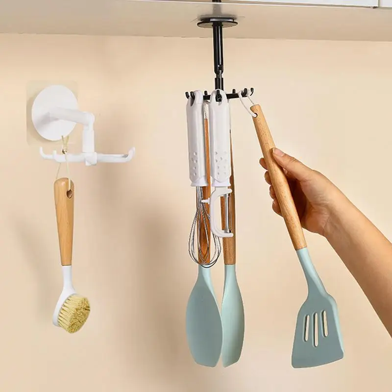 360 Degree Rotatable Kitchen Hooks Self Adhesive 7 Hooks Wall Hangers Seamless Heavy Duty Towel Hook Clothes Bag Hanging Rack