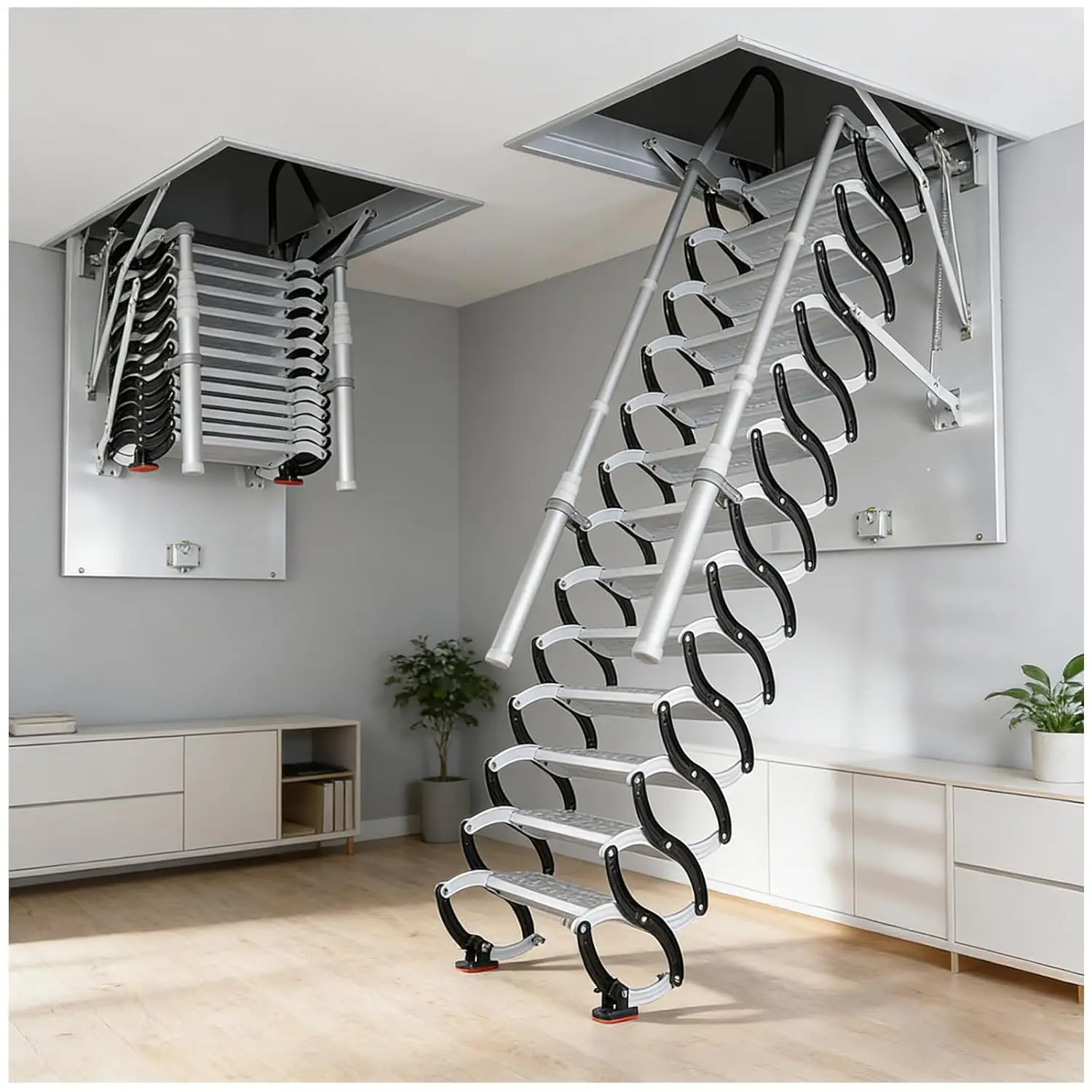 

Лестница для чердака с нагрузкой до 300 кг - потолочная выдвижная складная лестница с поручнем, 12 ступеней, под заказ