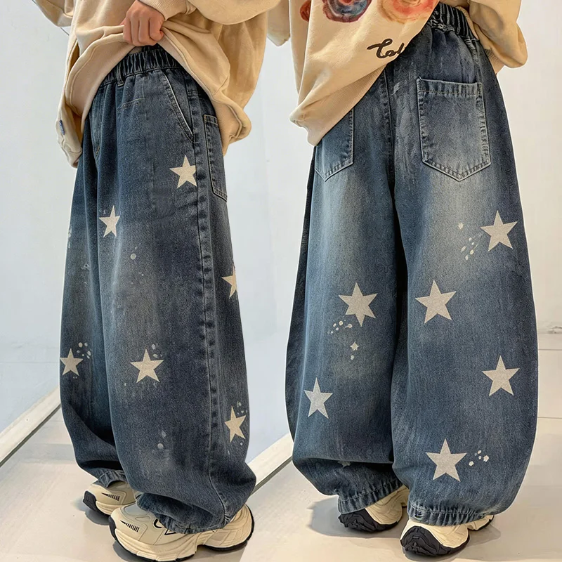 Boys 2026 new summer denim wide-leg pants, loose side stitching star print thin children's straight pants 5-15 years old