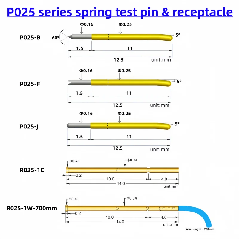 

P025 Series Spring Test Pin P025-B/F/J R025-1C R025-1W7 0.25/0.16/12.5/0.14mm Spring Test Probe Test Pin Pogo Pin Test Tool