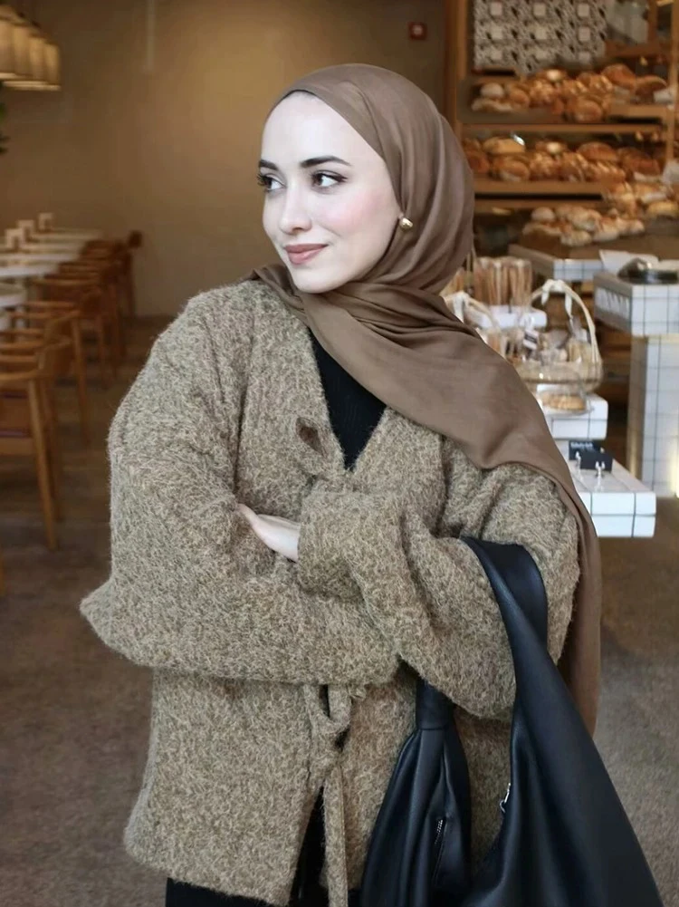 

Solid Color V-Neck Tie Coat Retro Long Sleeve Commuter Jacket Women Fashion Casual Knitted Cardigan Autumn and Winter Loose