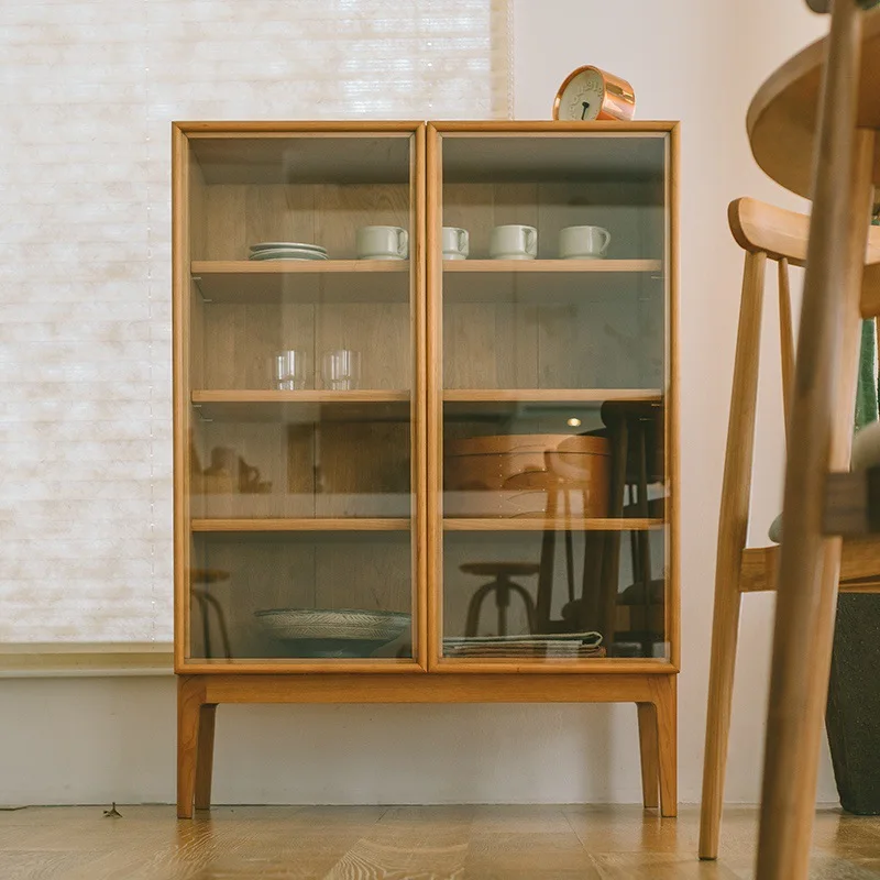 Solid wood dining side cabinet small apartment household living room storage double door glass