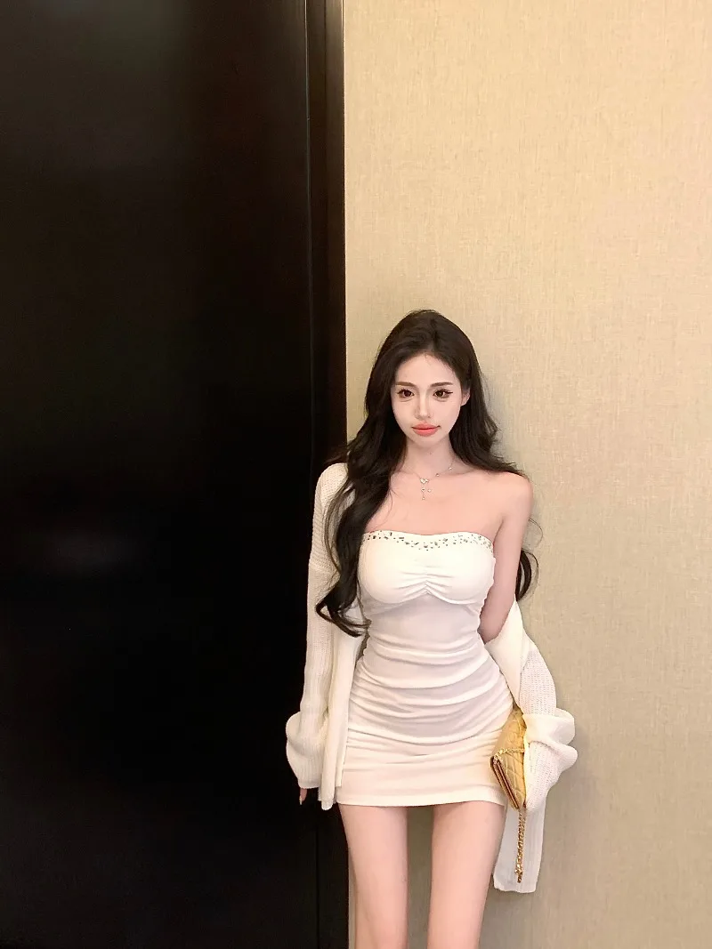 

Hot Sweet Girls Two Piece Sets Sexy Mature Strapless Chest Wrapping Slim Mini Dress + Long Sleeve Knitted Cardigans Outfits