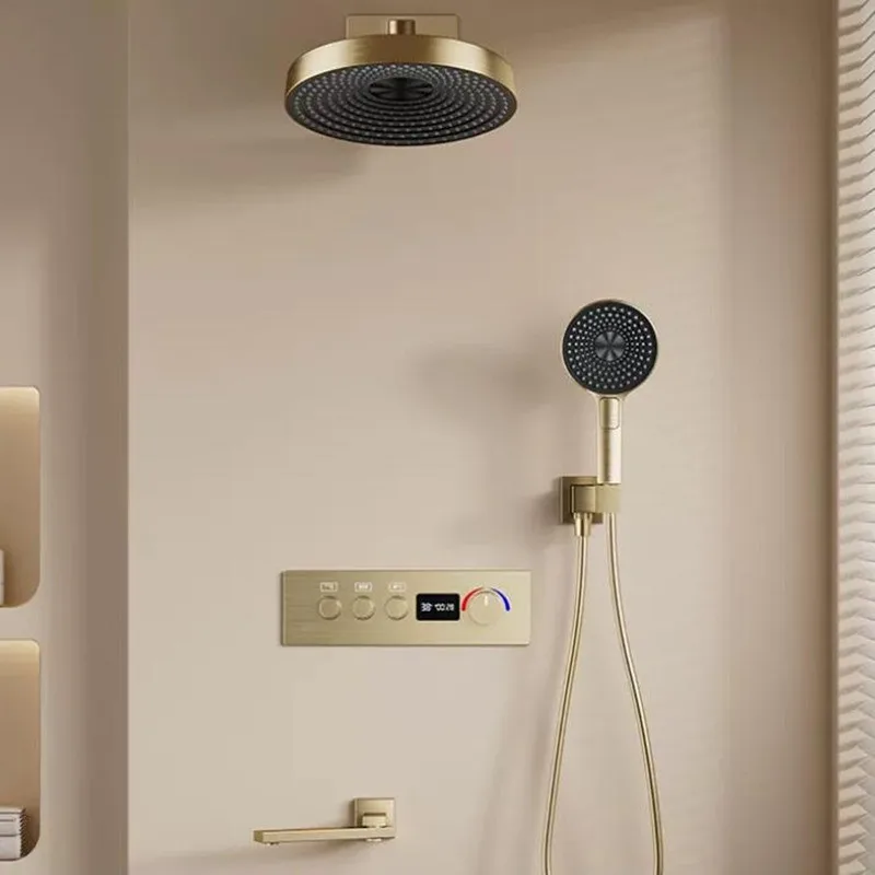 

Thermostatic Mixer Bath and Rainfall Shower Brushed Gold Thermostatic Bathroom Shower Faucet In Wall Bath and Shower Set