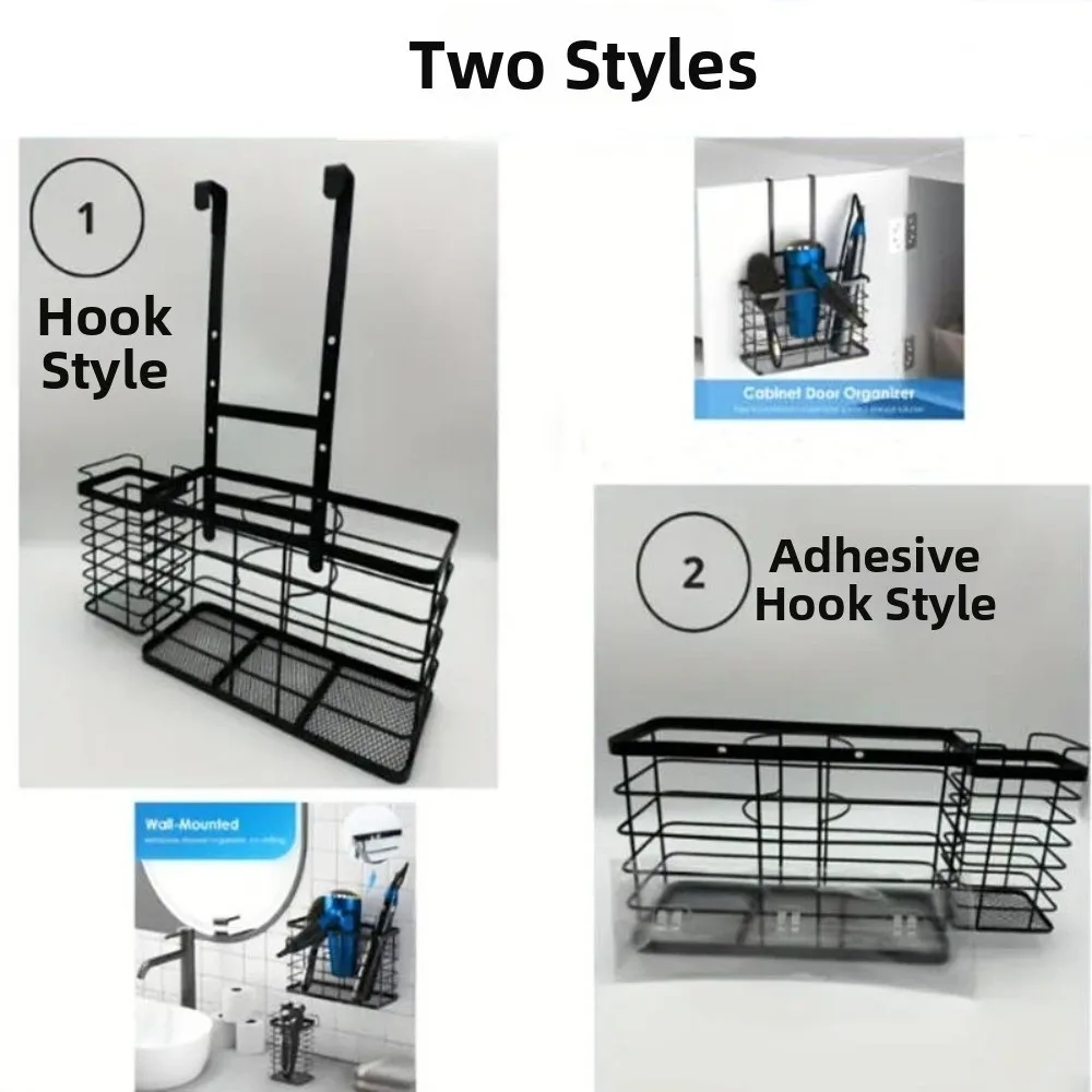 Adjustable Door Rear Storage Rack Wall Mounted Metal Hair Dryer Holder Space-Saving Cabinet Door Hanging Hair Tool Organizer