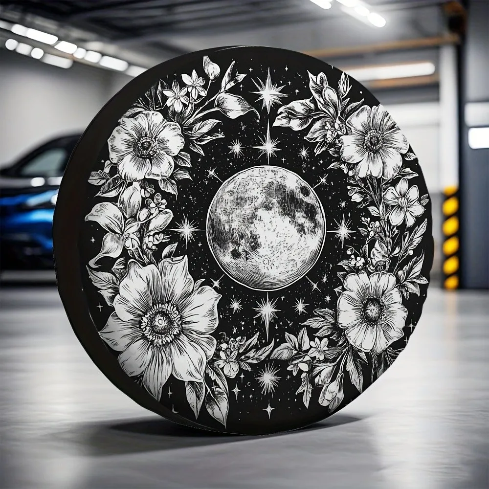 Cottagecore Witchy Floral Full Moon Starry Night Off-Road Spare Tire Cover